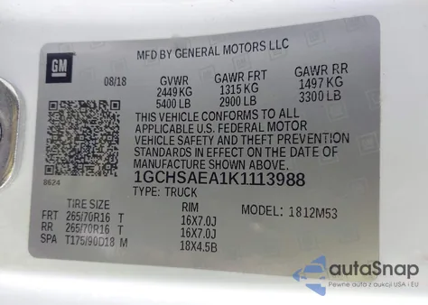 2019 Chevrolet Colorado из США, поврежденный, VIN 1GCHSAEA1K1113988